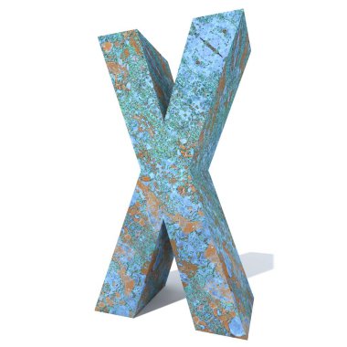 Kavramsal eski paslı metal yazı tipi veya türü, izole beyaz arka plan adet demir ya da çelik sektörü. Eğitici paslı malzeme, yaşlı vintage yüzey, 3d çizim Pütürlü yüzeyi olarak yıpranmış zarar görmüş boya