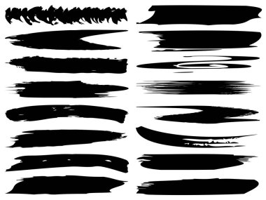 Sanatsal grungy siyah boya el yapılmış yaratıcı fırça darbesi topluluğu izole üzerinde beyaz arka plan ayarlayın. Soyut grunge skeçler tasarım eğitim veya grafik sanatı dekorasyon için bir grup