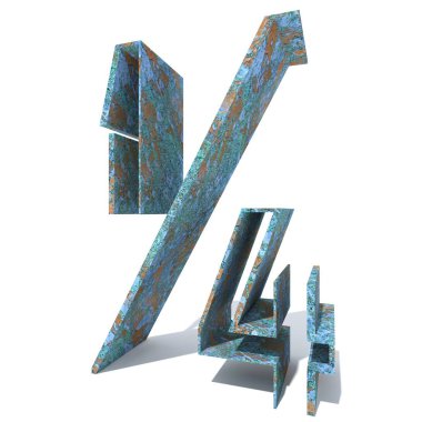 Kavramsal eski paslı metal yazı tipi veya türü, izole beyaz arka plan adet demir ya da çelik sektörü. Eğitici paslı malzeme, yaşlı vintage yüzey, 3d çizim Pütürlü yüzeyi olarak yıpranmış zarar görmüş boya