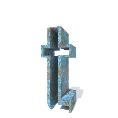 Kavramsal eski paslı metal yazı tipi veya türü, izole beyaz arka plan adet demir ya da çelik sektörü. Eğitici paslı malzeme, yaşlı vintage yüzey, 3d çizim Pütürlü yüzeyi olarak yıpranmış zarar görmüş boya