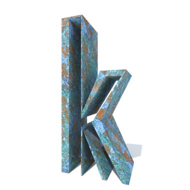 Kavramsal eski paslı metal yazı tipi veya türü, izole beyaz arka plan adet demir ya da çelik sektörü. Eğitici paslı malzeme, yaşlı vintage yüzey, 3d çizim Pütürlü yüzeyi olarak yıpranmış zarar görmüş boya