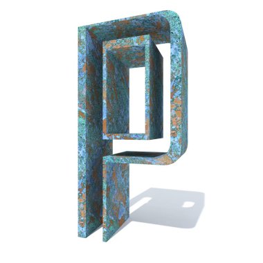 Kavramsal eski paslı metal yazı tipi veya türü, izole beyaz arka plan adet demir ya da çelik sektörü. Eğitici paslı malzeme, yaşlı vintage yüzey, 3d çizim Pütürlü yüzeyi olarak yıpranmış zarar görmüş boya