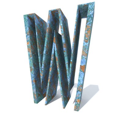 Kavramsal eski paslı metal yazı tipi veya türü, izole beyaz arka plan adet demir ya da çelik sektörü. Eğitici paslı malzeme, yaşlı vintage yüzey, 3d çizim Pütürlü yüzeyi olarak yıpranmış zarar görmüş boya