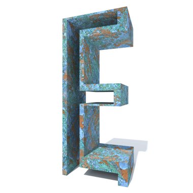 Kavramsal eski paslı metal yazı tipi veya türü, izole beyaz arka plan adet demir ya da çelik sektörü. Eğitici paslı malzeme, yaşlı vintage yüzey, 3d çizim Pütürlü yüzeyi olarak yıpranmış zarar görmüş boya