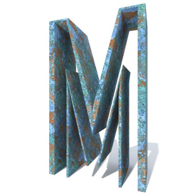 Kavramsal eski paslı metal yazı tipi veya türü, izole beyaz arka plan adet demir ya da çelik sektörü. Eğitici paslı malzeme, yaşlı vintage yüzey, 3d çizim Pütürlü yüzeyi olarak yıpranmış zarar görmüş boya