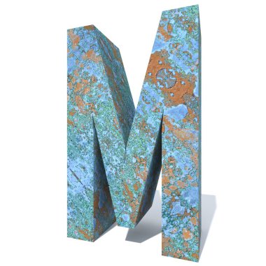 Kavramsal eski paslı metal yazı tipi veya türü, izole beyaz arka plan adet demir ya da çelik sektörü. Eğitici paslı malzeme, yaşlı vintage yüzey, 3d çizim Pütürlü yüzeyi olarak yıpranmış zarar görmüş boya