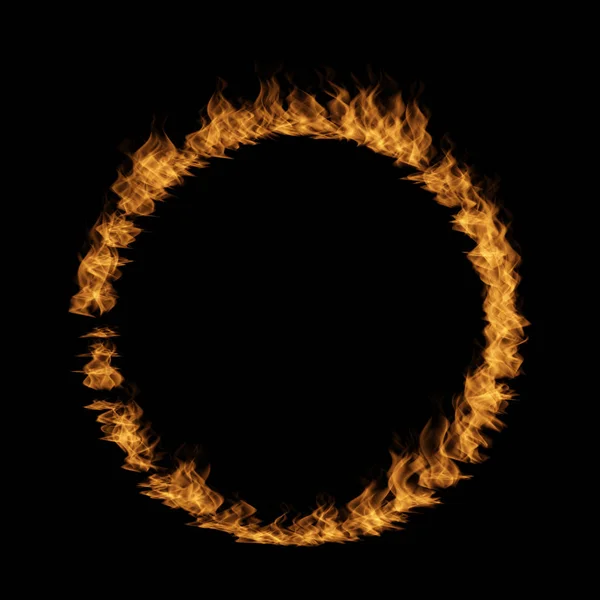 Conceptual yellow orange hot raging blaze of fire, circle round ring flame shape isolated black background. A abstract flammable danger inferno realistic burn fiery heat energy efect 3D illustration — Stock Photo, Image