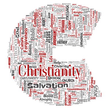 Vektör kavramsal Hıristiyanlık, İsa, İncil Ahit mektup yazı tipi C kırmızı kelime izole bulut arka plan. Öğretileri, Kurtuluş Diriliş, cennet, itiraf, AF, aşk kavramı kolaj