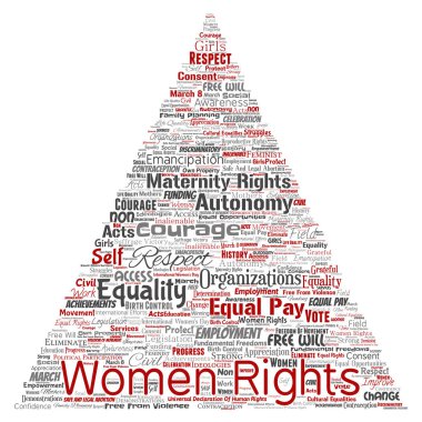 Vektör kavramsal kadın hakları, eşitlik, serbest üçgen kırmızı ok kelime izole bulut arka plan. Feminizm, güçlendirme, dürüstlük, fırsatları, farkındalık, cesaret, eğitim, sırasıyla kolaj