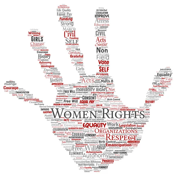 Vektor fogalmi nők jogaik, egyenlőségük, szabad akarat kéz nyomtatási pecsét szó felhő elszigetelt háttér. Kollázs a feminizmus, felhatalmazása, integritás, lehetőségek, tudatosság, bátorság, oktatás, tiszteletben tartása — Stock Vector