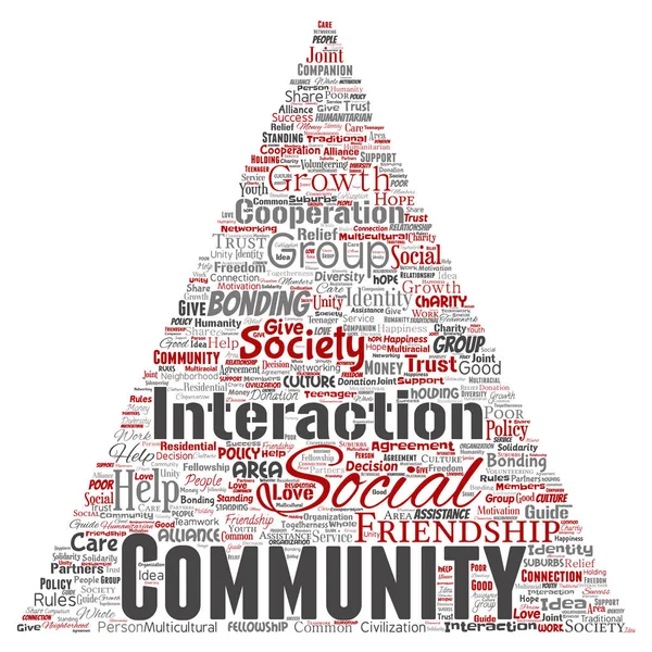 Vector conceptuele communautaire, sociale, verbinding driehoek pijl rood word cloud geïsoleerd achtergrond. Collage van groep, teamwerk, diversiteit, vriendschap, communicatie, integratie, zorg, respect concept — Stockvector