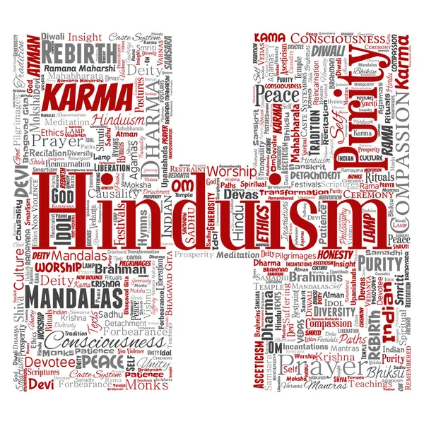 Vector konceptuella hinduismen, shiva, rama, yoga skrivelse font H röd word cloud isolerade bakgrund. Collage av mandalas, samsara, firande, tradition, fred, medkänsla, återfödelse, karma, dharma koncept — Stock vektor