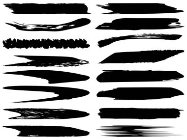 Beyaz arka planda sanatsal grungy siyah el vektör koleksiyonu, yaratıcı fırça darbesi setini izole etti. Tasarım eğitimi veya grafik sanat dekorasyonu için bir grup soyut grunge çizimi