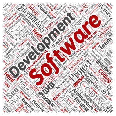 Vektör kavramsal yazılım geliştirme projesi teknoloji kare kırmızı kelime bulutu kodlama arka plan izole. Uygulama web tasarım, seo fikir, uygulama, test yükseltme kavramı kolaj