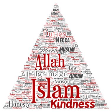 Vektör kavramsal islam, Peygamber, cami üçgen kırmızı ok kelime izole bulut arka plan. Müslüman, ramadam, Kur'an-ı Kerim, hac, Allah'ın, görevleri, sanat, hat, oryantal, gelenek kavramı kolaj