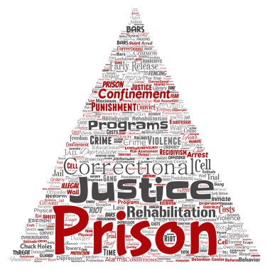 Vektör kavramsal hapishane, adalet, suç üçgen ok kırmızı kelime izole bulut arka plan. Ceza, hukuk, haklar, sosyal, yetki, sistem, sivil, deneme, rehabilitasyon, özgürlük kavramı kolaj