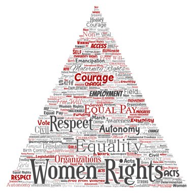 Vektör kavramsal kadın hakları, eşitlik, serbest üçgen kırmızı ok kelime izole bulut arka plan. Feminizm, güçlendirme, dürüstlük, fırsatları, Farkındalık, cesaret, eğitim, kolaj saygı kavramı