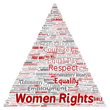 Vektör kavramsal kadın hakları, eşitlik, serbest üçgen kırmızı ok kelime izole bulut arka plan. Feminizm, güçlendirme, dürüstlük, fırsatları, Farkındalık, cesaret, eğitim, kolaj saygı kavramı