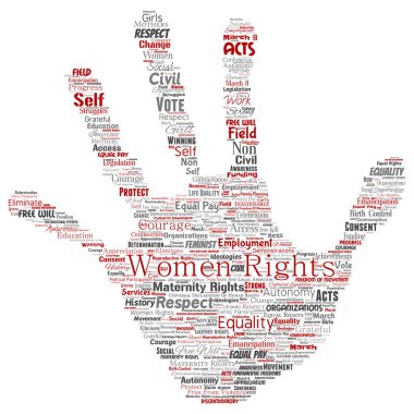 Vektör kavramsal kadın hakları, eşitlik, serbest el baskı damga kelime izole bulut arka plan. Feminizm, güçlendirme, dürüstlük, fırsatları, Farkındalık, cesaret, eğitim, kolaj saygı kavramı
