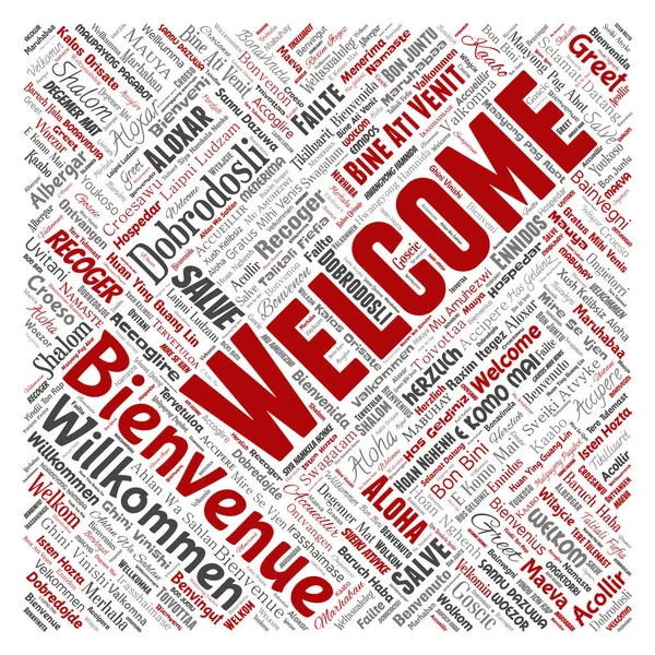 Vector Conceptual Abstract Welcome Greeting International Square Red Word Cloud — Stock Vector