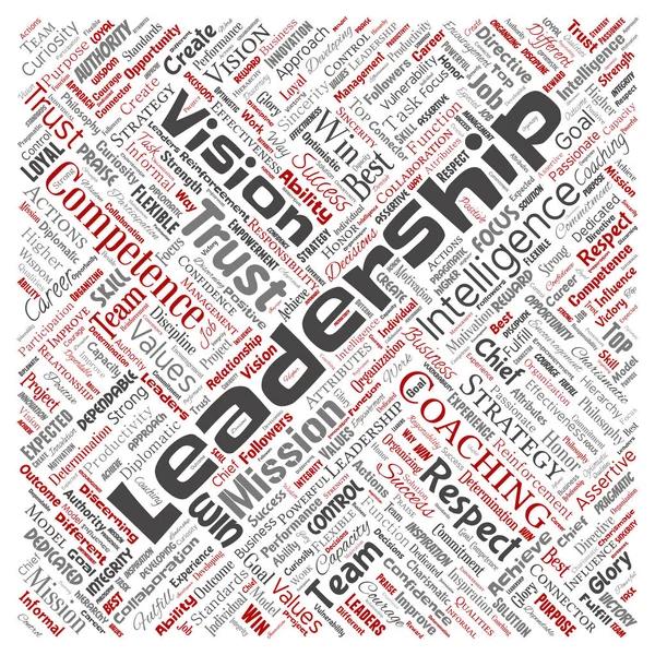 Vector conceptual business leadership strategy, management value square red word cloud isolated background. Collage of success, achievement, responsibility, intelligence authority or competence