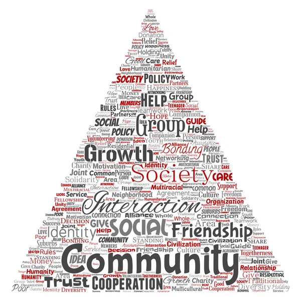 Vector Conceptuele Communautaire Sociale Verbinding Driehoek Pijl Rood Word Cloud — Stockvector