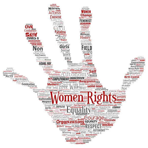 Vektör kavramsal kadın hakları, eşitlik, serbest el baskı damga kelime izole bulut arka plan. Feminizm, güçlendirme, dürüstlük, fırsatları, Farkındalık, cesaret, eğitim, kolaj saygı kavramı