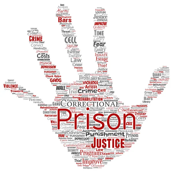Διάνυσμα Εννοιολογική Φυλακή Δικαιοσύνη Έγκλημα Χέρι Εκτύπωσης Γραμματοσήμων Λέξη Σύννεφο — Διανυσματικό Αρχείο