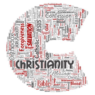 Vektör kavramsal Hıristiyanlık, İsa, İncil Ahit mektup yazı tipi C kırmızı kelime izole bulut arka plan. Öğretileri, Kurtuluş Diriliş, cennet, itiraf, AF, aşk kavramı kolaj