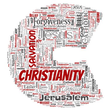 Vektör kavramsal Hıristiyanlık, İsa, İncil Ahit mektup yazı tipi C kırmızı kelime izole bulut arka plan. Öğretileri, Kurtuluş Diriliş, cennet, itiraf, AF, aşk kavramı kolaj