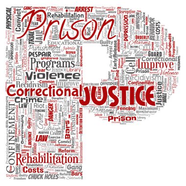 Vektör kavramsal hapishane, adalet, suç mektup yazı tipi P kırmızı kelime izole bulut arka plan. Ceza, hukuk, haklar, sosyal, yetki, sistem, sivil, deneme, rehabilitasyon, özgürlük kavramı kolaj