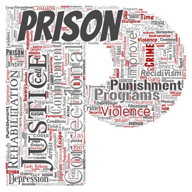 Vektör kavramsal hapishane, adalet, suç mektup yazı tipi P kırmızı kelime izole bulut arka plan. Ceza, hukuk, haklar, sosyal, yetki, sistem, sivil, deneme, rehabilitasyon, özgürlük kavramı kolaj