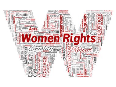 Vektör kavramsal kadın hakları, eşitlik, serbest mektup yazı tipi W kırmızı kelime izole bulut arka plan. Feminizm, güçlendirme, dürüstlük, fırsatları, Farkındalık, cesaret, eğitim, kolaj saygı kavramı