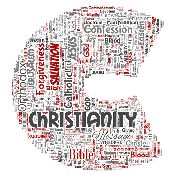 Vektör kavramsal Hıristiyanlık, İsa, İncil Ahit mektup yazı tipi C kırmızı kelime izole bulut arka plan. Öğretileri, Kurtuluş Diriliş, cennet, itiraf, AF, aşk kavramı kolaj