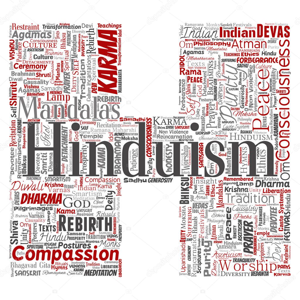 Vector conceptual hinduism, shiva, rama, yoga letter font H red word cloud isolated background. Collage of mandalas, samsara, celebration, tradition, peace, compassion, rebirth, karma, dharma concept