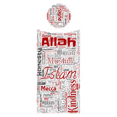 Vektör kavramsal islam, Peygamber, cami mektup yazı tipi kırmızı bulut izole arka plan kelime. Müslüman, ramadam, Kur'an-ı Kerim, hac, Allah'ın, görevleri, sanat, hat, oryantal, gelenek kavramı kolaj