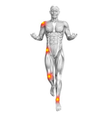 Kırmızı ve sarı sıcak nokta iltihap veya parçalanmõ * eklem ağrısı sağlık tedavi veya spor kavramlar kavramsal insan kas anatomisi. 3D çizim adam artrit veya kemik Osteoporoz hastalığı