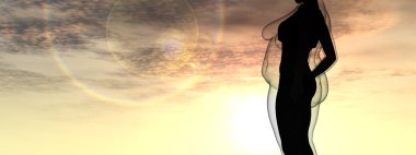 Kavramsal şişman şişman şişman kadın zayıfa karşı kilo verdikten sonra sağlıklı vücuda uyuyor ya da gün batımında kasları zayıf genç bir kadınla diyet yapıyor. Fitness, beslenme veya şişmanlık obezite, sağlık şekli 3D illüstrasyon