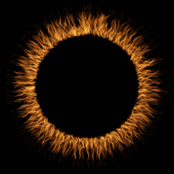 Концептуальный желтый оранжевый горячий пылающий огонь, круг круглого кольца пламени форме изолированного черного фона. Абстрактная огнеопасная инферно-реалистичная горячая тепловая энергия воздействует на 3D иллюстрацию
