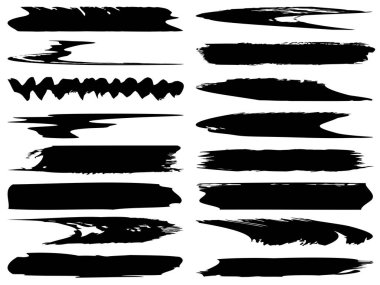 Beyaz arka planda sanatsal grungy siyah el vektör koleksiyonu, yaratıcı fırça darbesi setini izole etti. Tasarım eğitimi veya grafik sanat dekorasyonu için bir grup soyut grunge çizimi