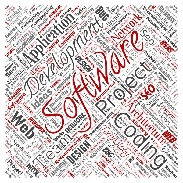 Vector Conceptuele Software Ontwikkelingsproject Coderen Technologie Skyline Rood Word Cloud — Stockvector