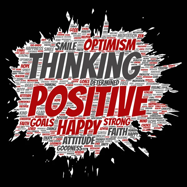 ベクトル概念肯定的な思考 幸せの背景に分離した強い態度ペイント ブラシ紙単語の雲 楽観的な笑顔 勇気ある目標は 善や幸福のインスピレーションのコラージュ — ストックベクタ