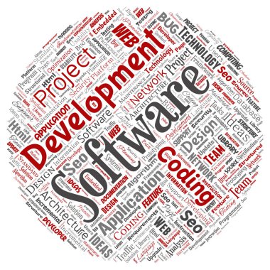 Arka plan daire kırmızı kelime bulutu yuvarlak teknoloji kodlama vektör kavramsal yazılım geliştirme projesi izole. Uygulama web tasarım, seo fikir, uygulama, test yükseltme kavramı kolaj