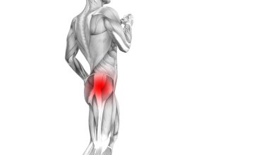 Kırmızı sıcak nokta inflamasyon eklem eklem ağrısı için bacak sağlık tedavi veya spor kas kavramı ile kavramsal hip insan anatomisi. 3D çizim adam artrit veya kemik boğaz osteoporoz hastalığı