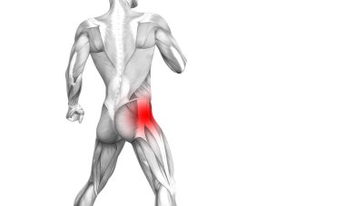 Kırmızı sıcak nokta inflamasyon eklem eklem ağrısı için bacak sağlık tedavi veya spor kas kavramı ile kavramsal hip insan anatomisi. 3D çizim adam artrit veya kemik boğaz osteoporoz hastalığı