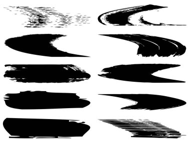 Beyaz arka planda sanatsal grungy siyah el vektör koleksiyonu, yaratıcı fırça darbesi setini izole etti. Tasarım eğitimi veya grafik sanat dekorasyonu için bir grup soyut grunge çizimi