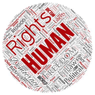 Vektör kavramsal insan hakları siyasi özgürlük, demokrasi daire kırmızı kelime bulutu yuvarlak arka plan izole. İnsanlık hoşgörü, hukuk ilkeleri, insanlar adalet ya da ayrımcılık kavramı kolaj