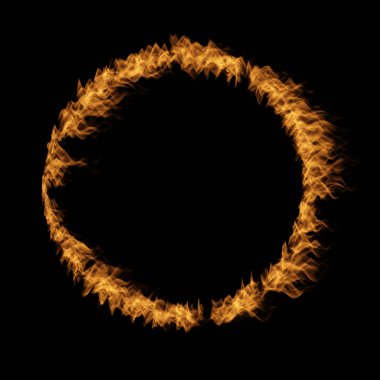 Kavramsal sarı turuncu sıcak azgın yangın yangın, daire yüzük alev yuvarlak şekil izole siyah arka plan. Gerçekçi bir soyut yanıcı tehlike Inferno yanmak ateşli ısı enerji efekti 3d çizim