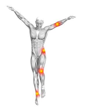 Conceptual human muscle anatomy with red and yellow hot spot inflammation or articular joint pain for health care therapy or sport concepts. 3D illustration man arthritis or bone osteoporosis disease clipart