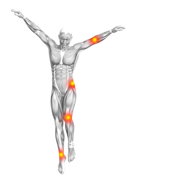 Conceptual human muscle anatomy with red and yellow hot spot inflammation or articular joint pain for health care therapy or sport concepts. 3D illustration man arthritis or bone osteoporosis disease